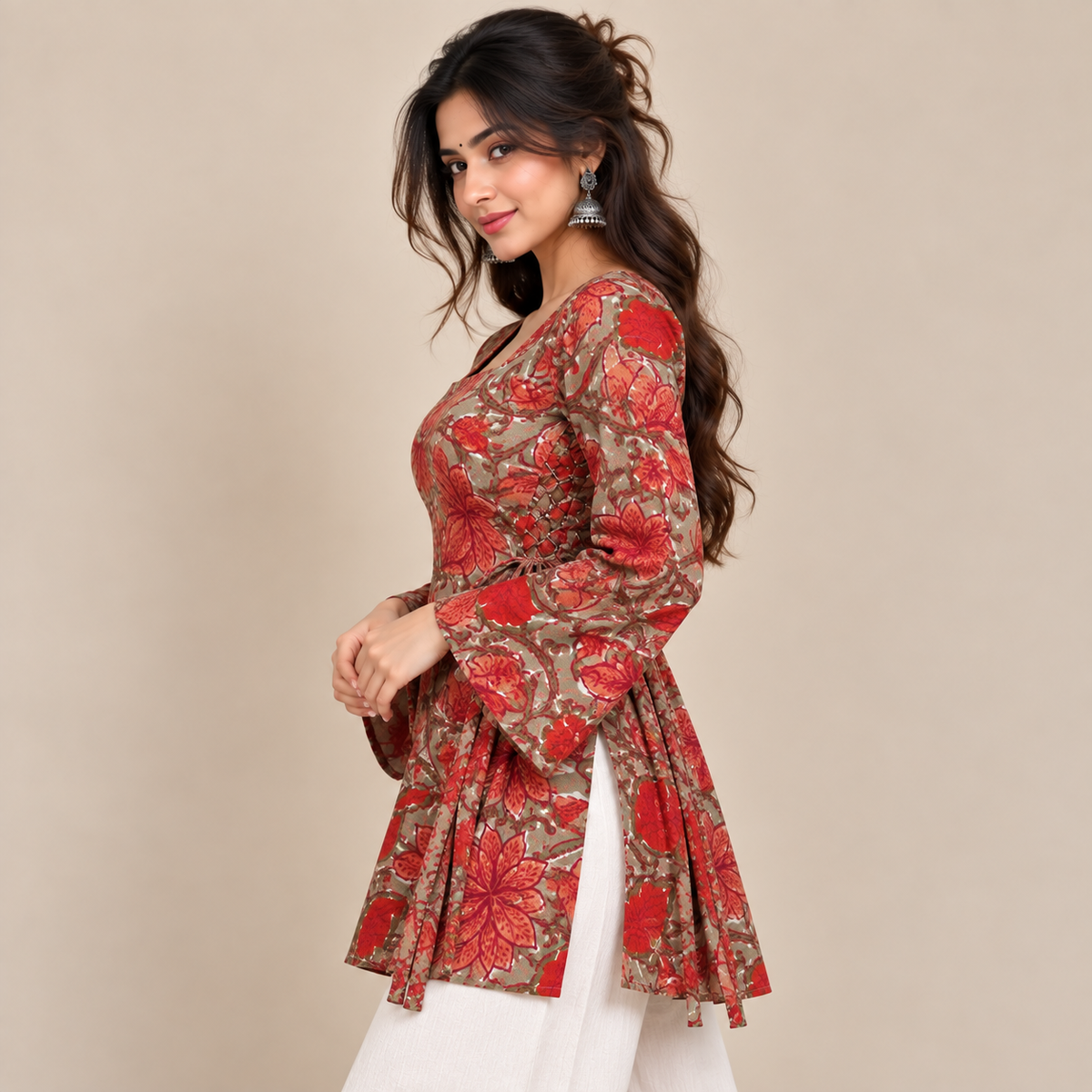 Rust Red Floral- Side Corset Kurti