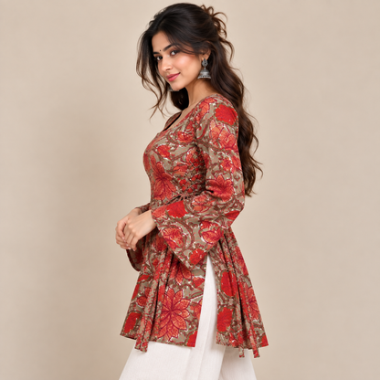 Rust Red Floral- Side Corset Kurti