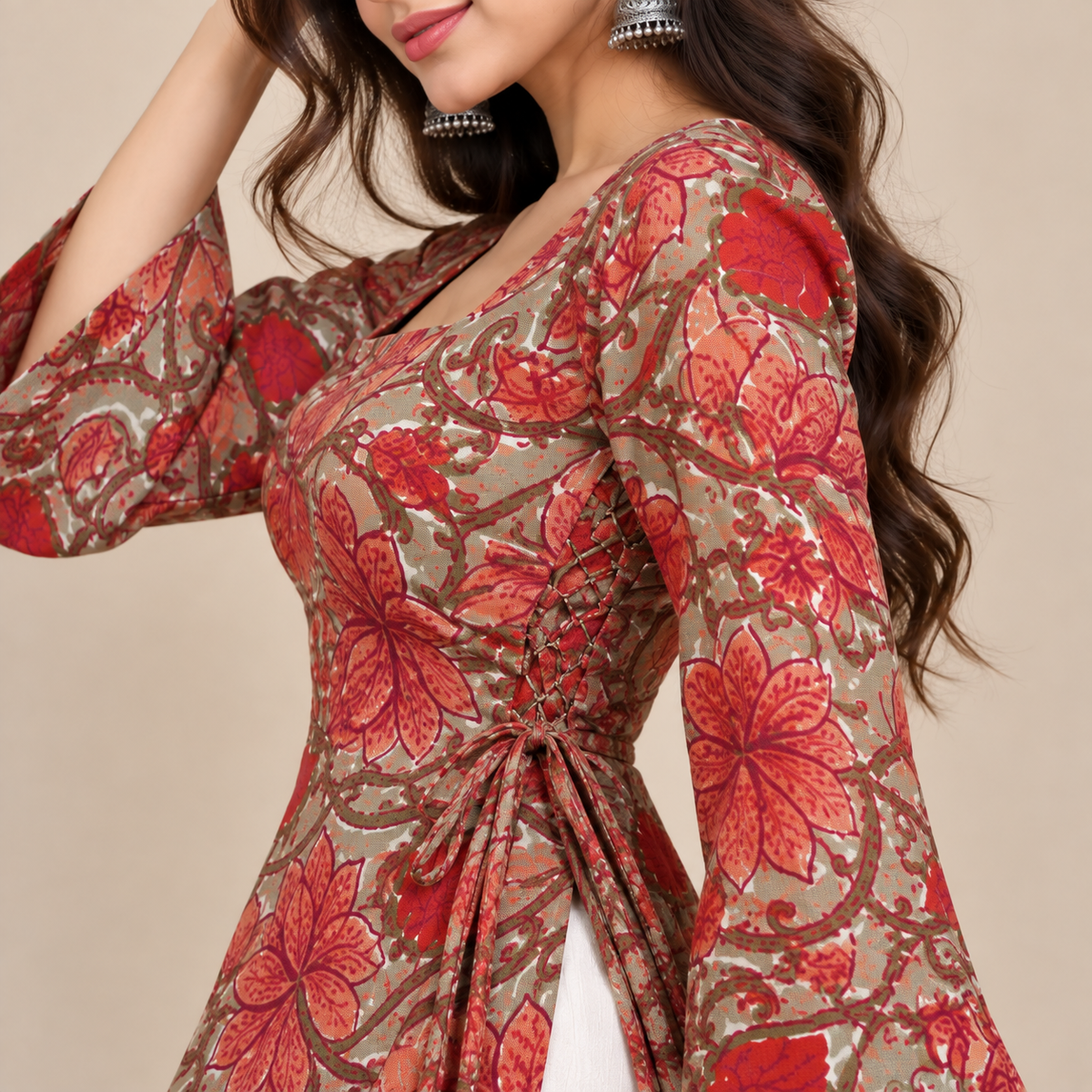 Rust Red Floral- Side Corset Kurti