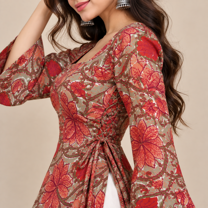 Rust Red Floral- Side Corset Kurti