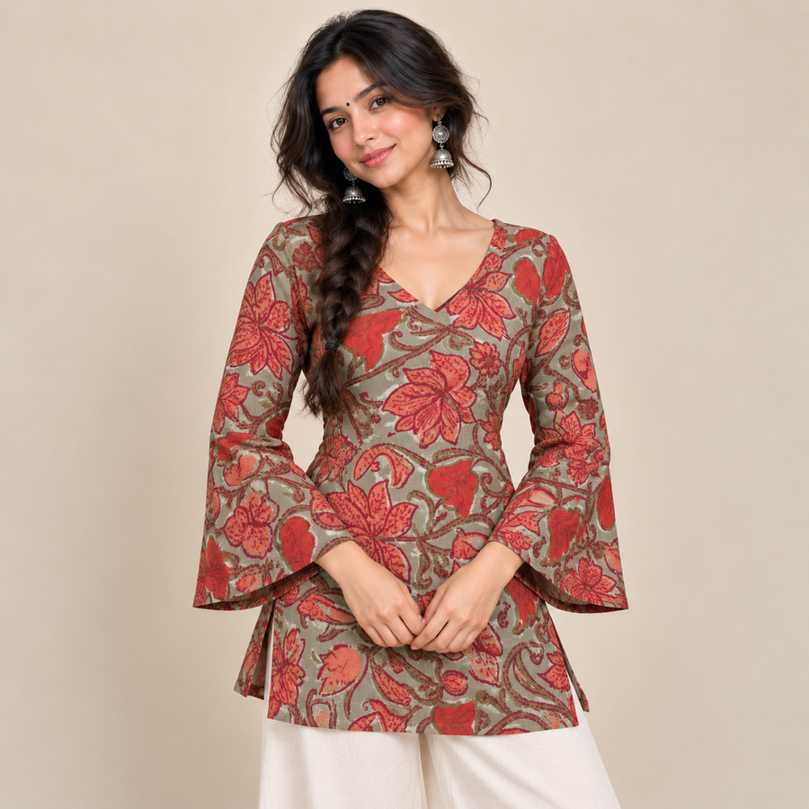 Rust Red Floral- Bell Sleeve Kurti
