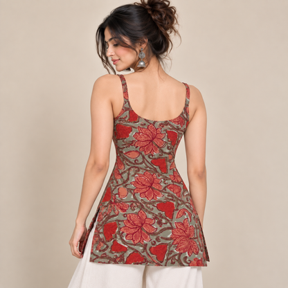 Rust Red Floral- Sleeveless Kurti