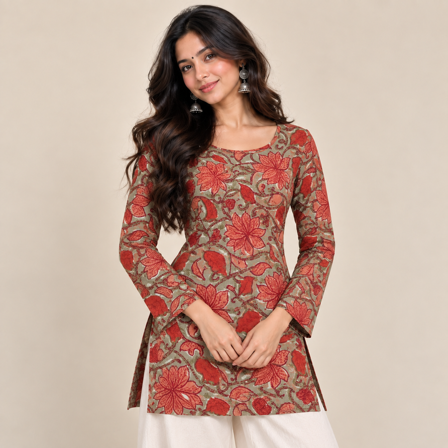 Rust Red Floral- Boat Neck Kurti