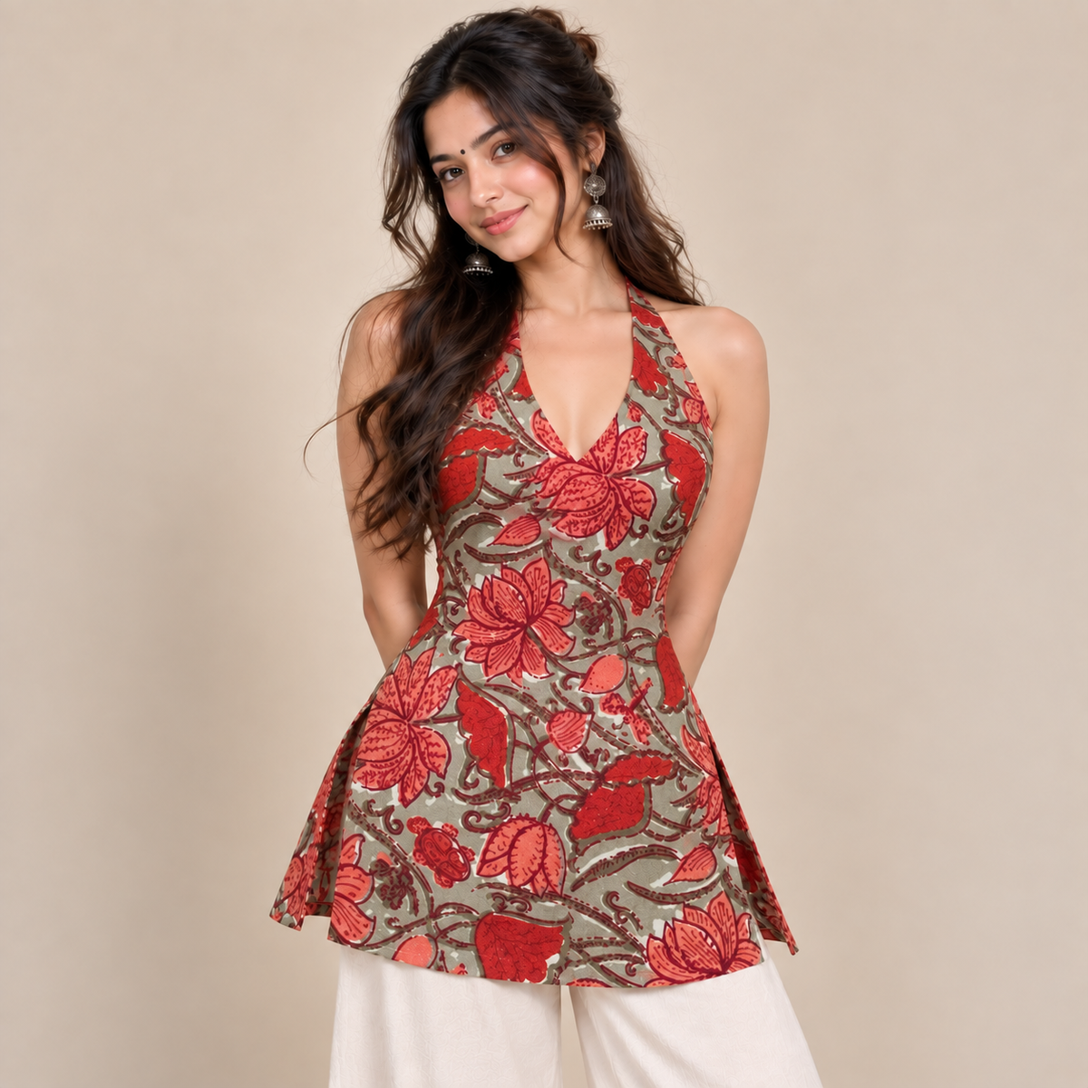 Rust Red Floral- Halter Neck Kurti