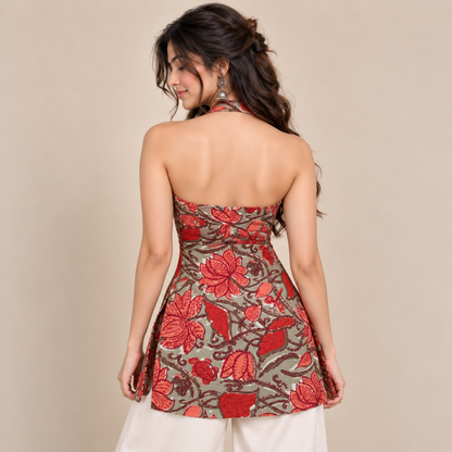 Rust Red Floral- Halter Neck Kurti