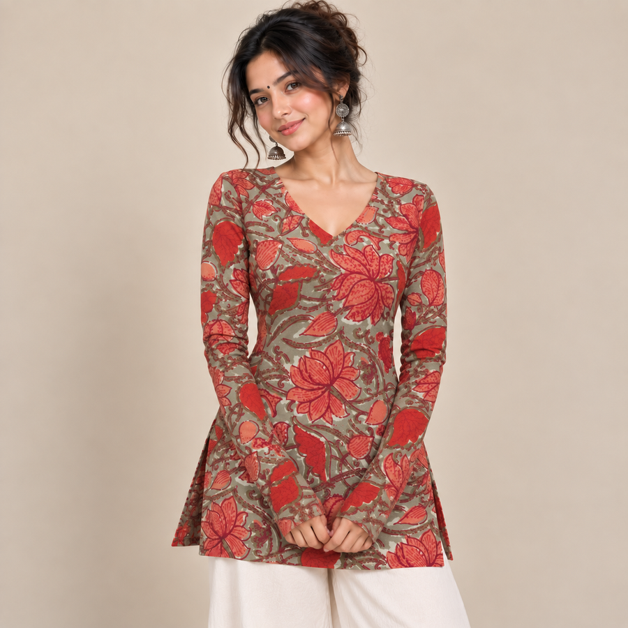 Rust Red Floral- Straight Sleeve Kurti