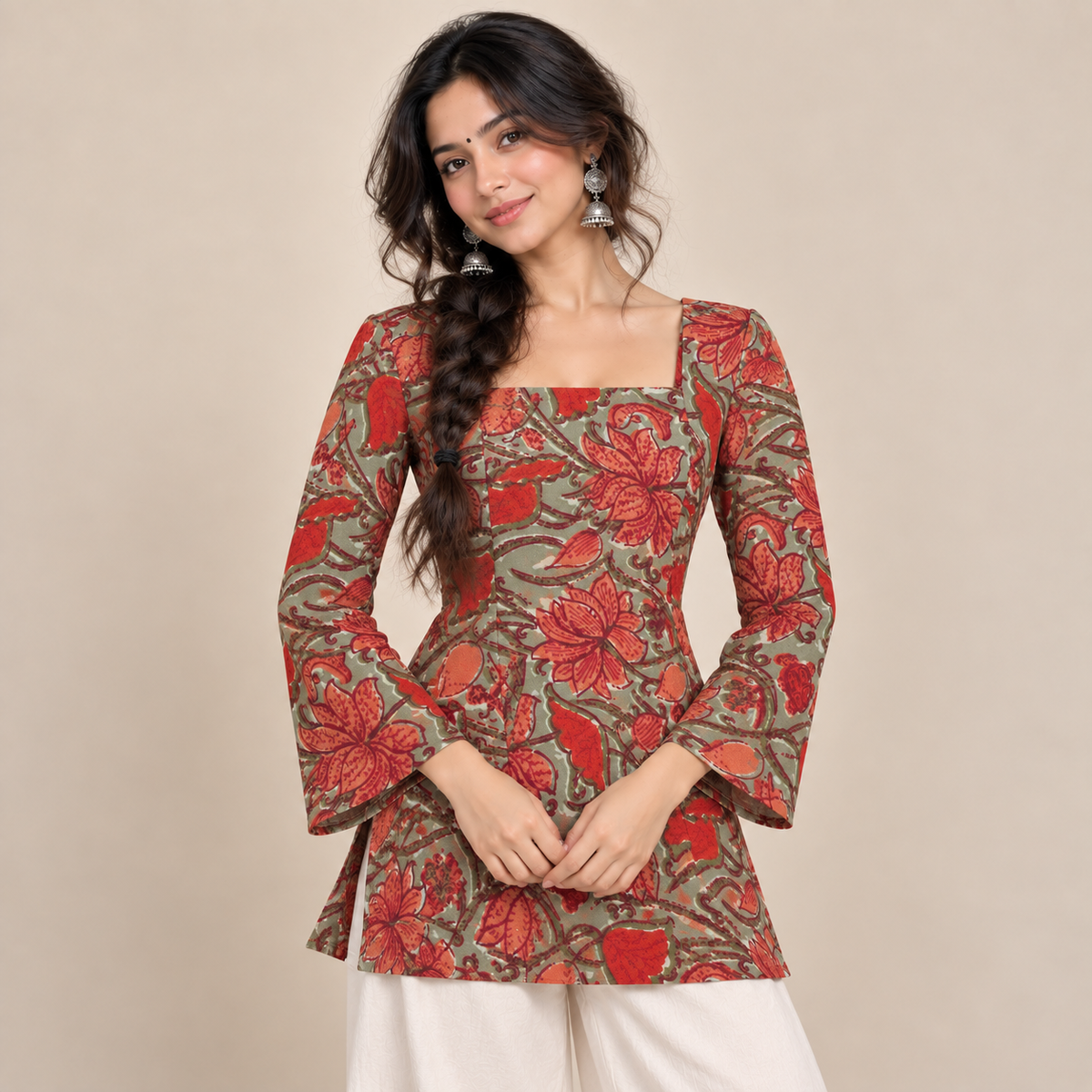 Rust Red Floral- Corset Back Kurti