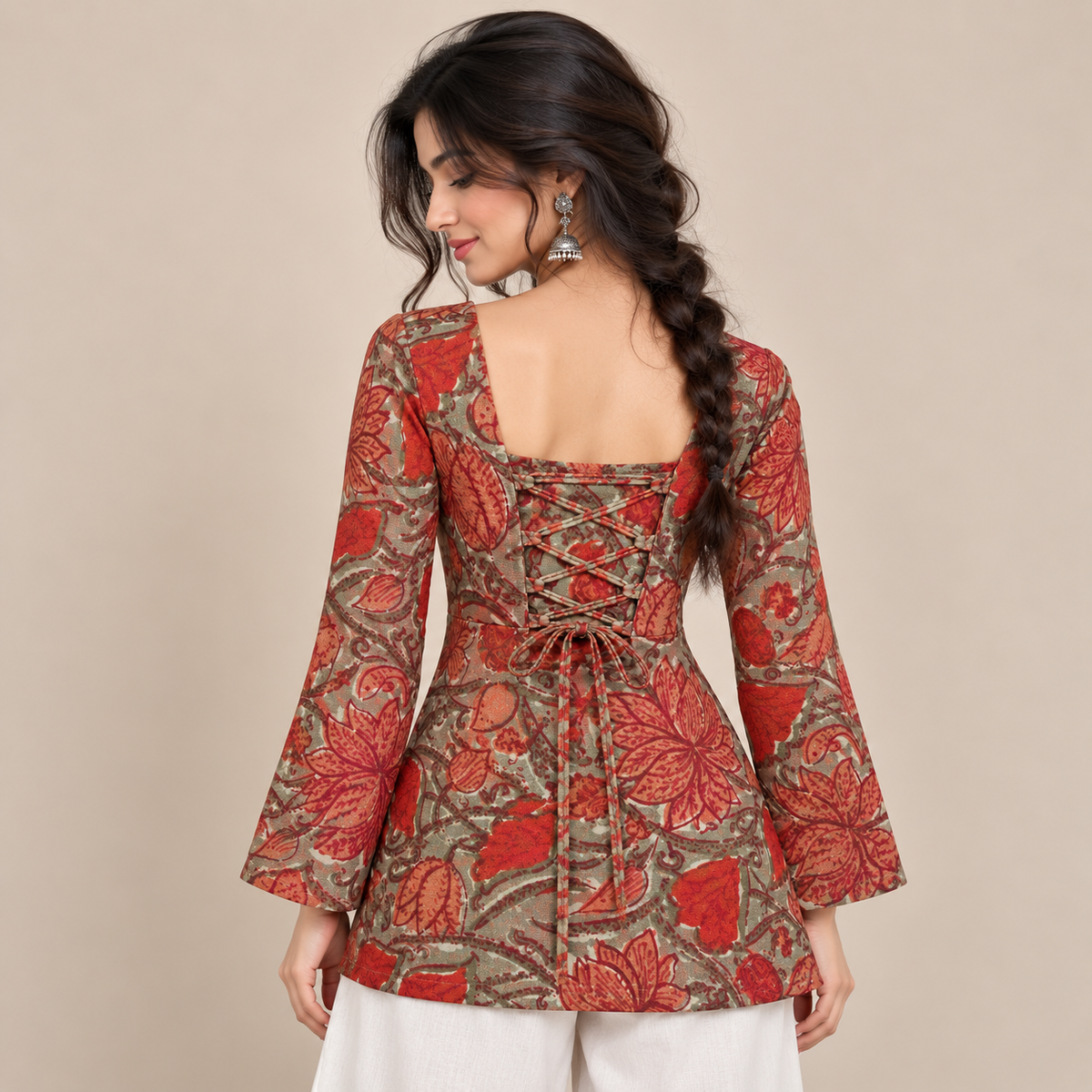 Rust Red Floral- Corset Back Kurti