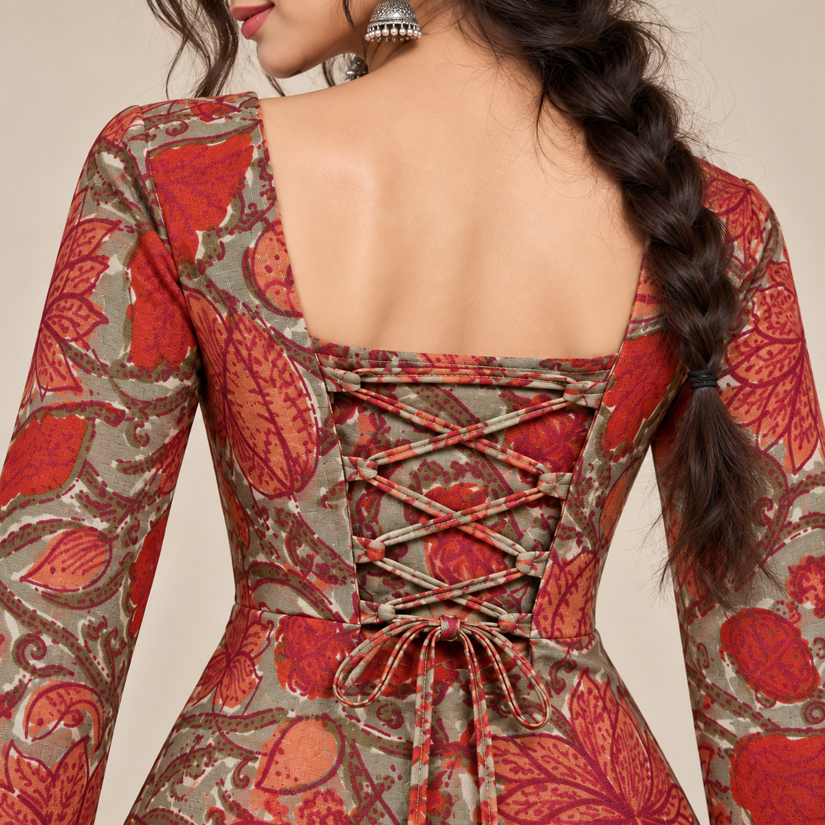Rust Red Floral- Corset Back Kurti