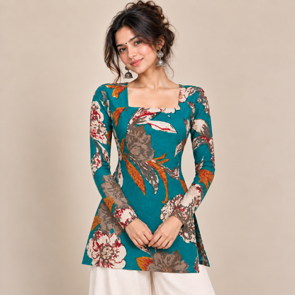 Peacock Botanical Print- Square Neck Kurti