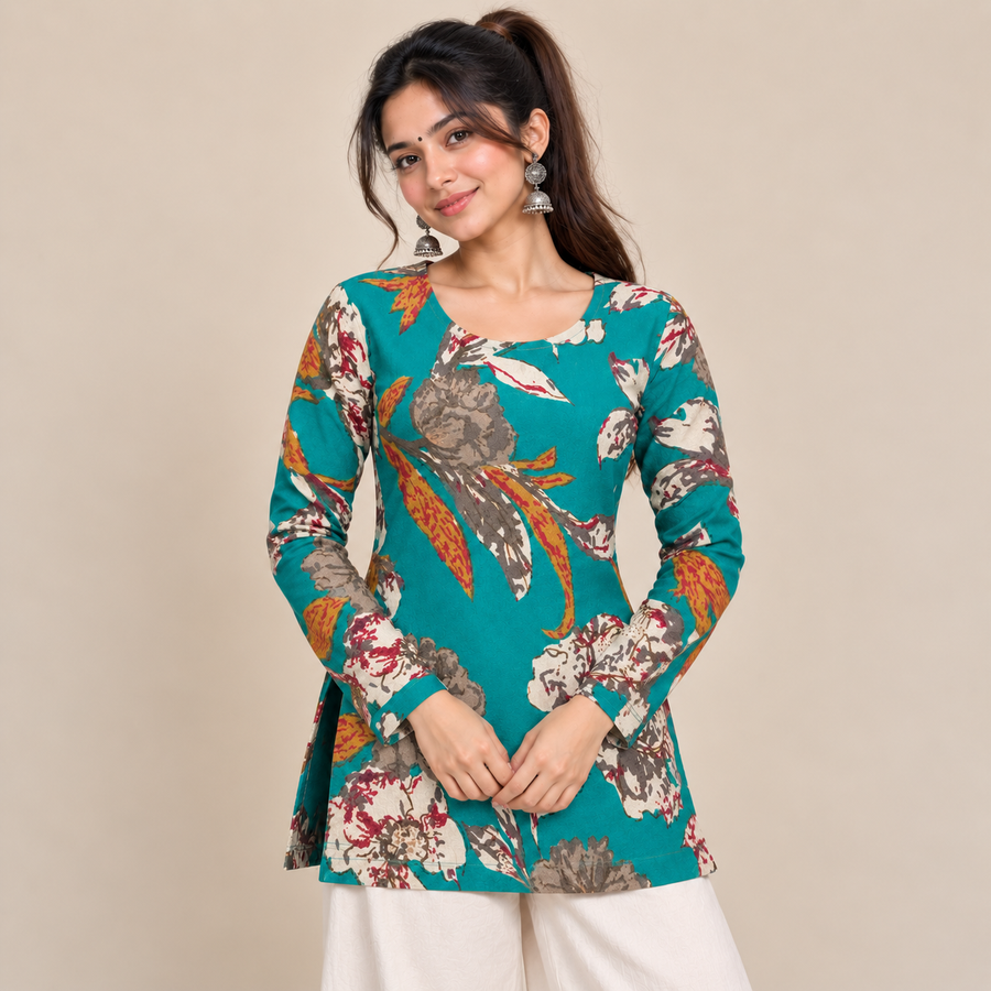 Peacock Botanical Print- Boat Neck Kurti