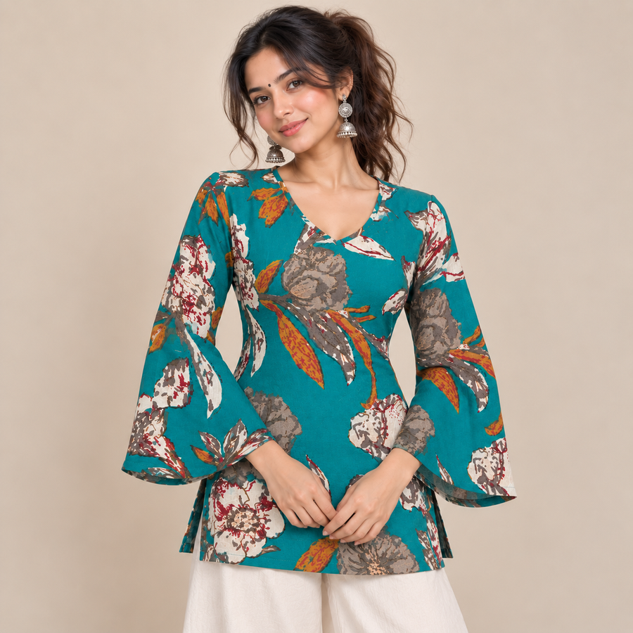 Peacock Botanical Print- Bell Sleeve Kurti