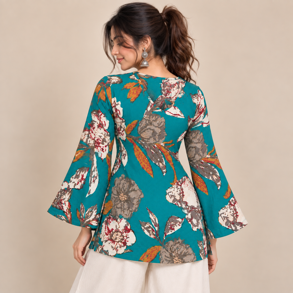 Peacock Botanical Print- Bell Sleeve Kurti