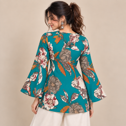 Peacock Botanical Print- Bell Sleeve Kurti