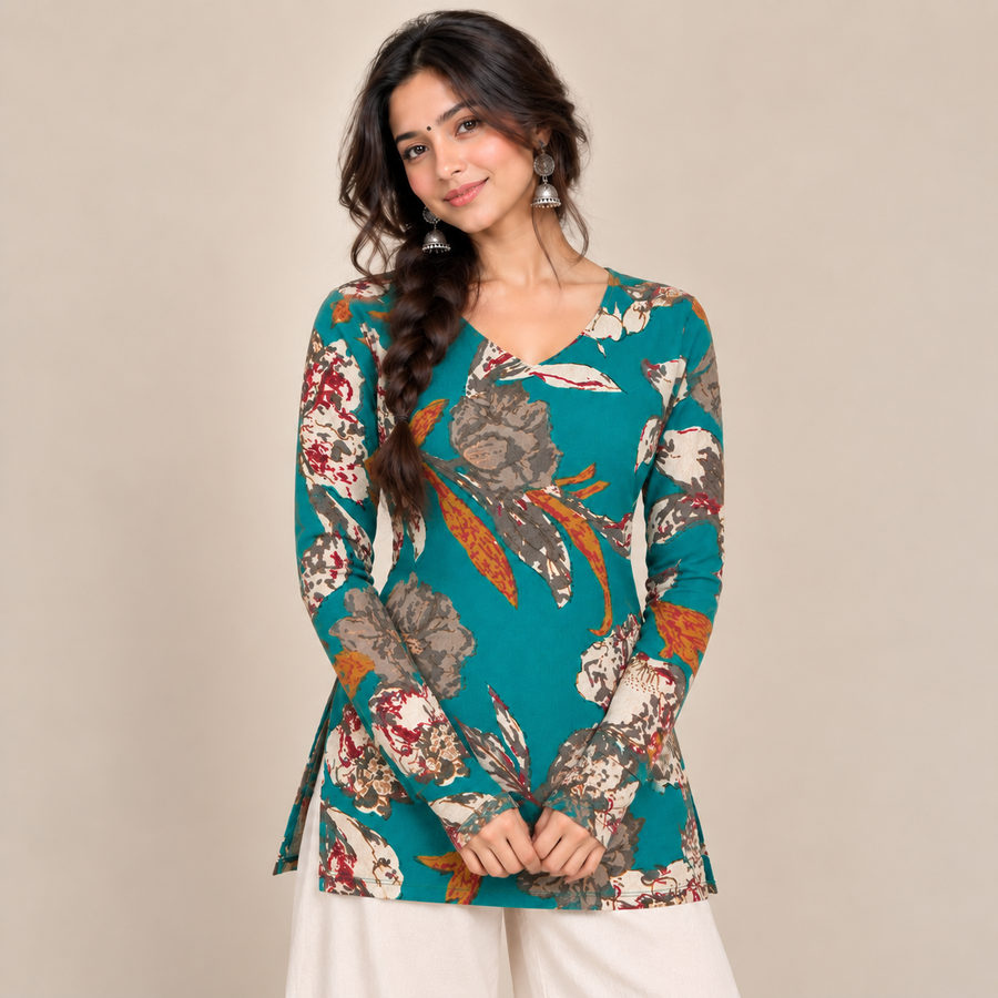 Peacock Botanical Print- Straight Sleeve Kurti
