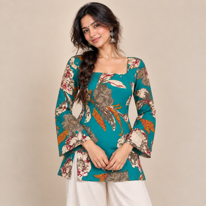 Peacock Botanical Print- Corset Back Kurti