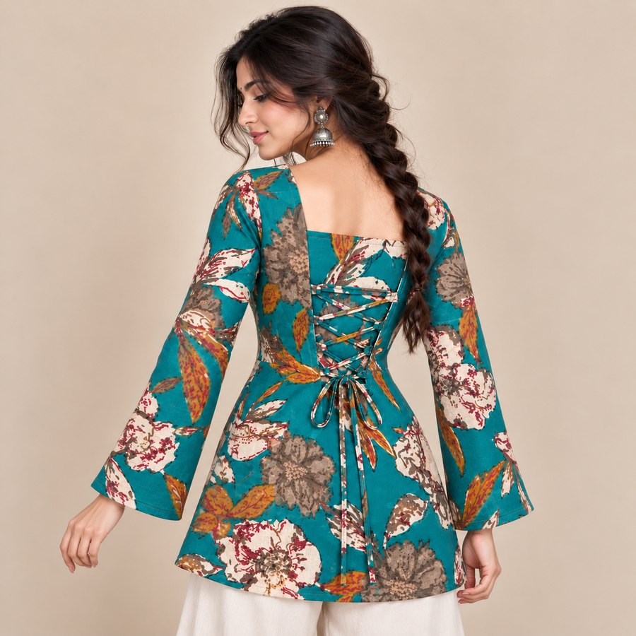 Peacock Botanical Print- Corset Back Kurti
