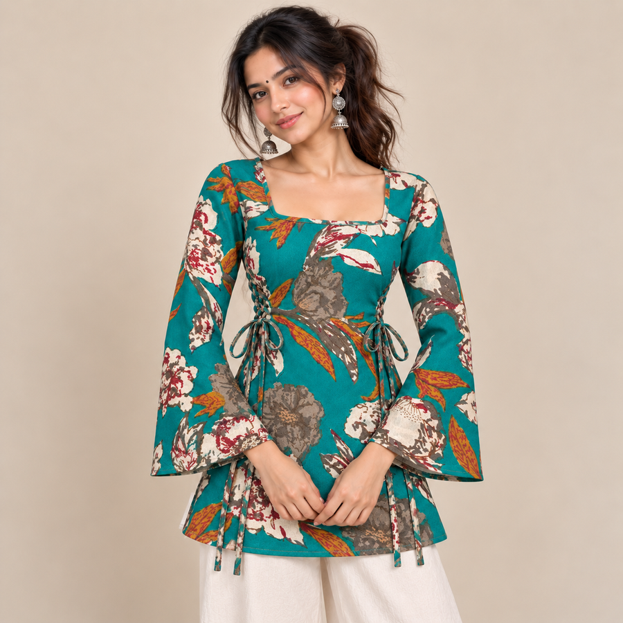 Peacock Botanical Print- Side Corset Kurti
