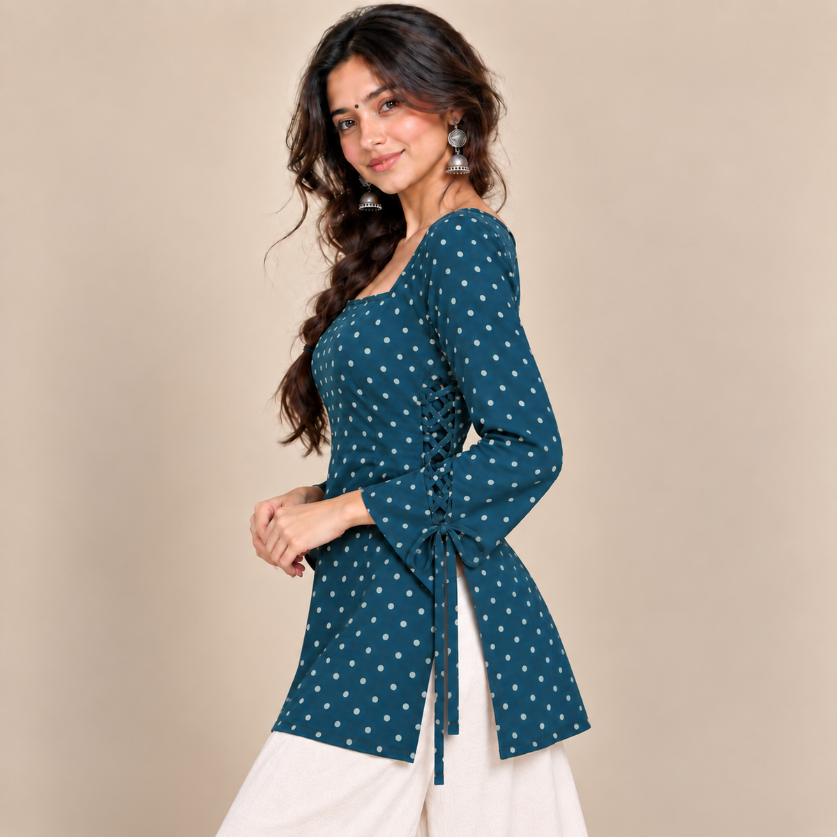 Polka Dot Teal- Side Corset Kurti