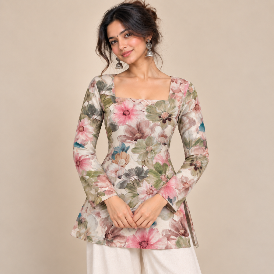 Pastel Floral- Square Neck Kurti
