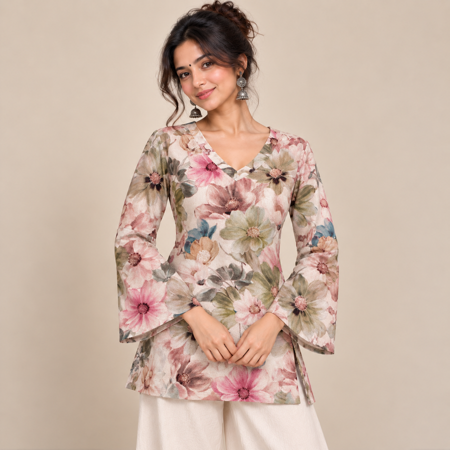 Pastel Floral- Bell Sleeve Kurti