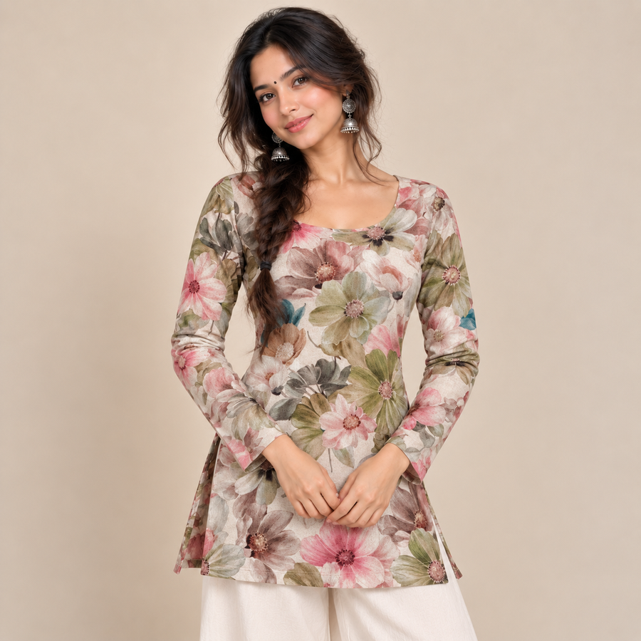 Pastel Floral- Boat Neck Kurti