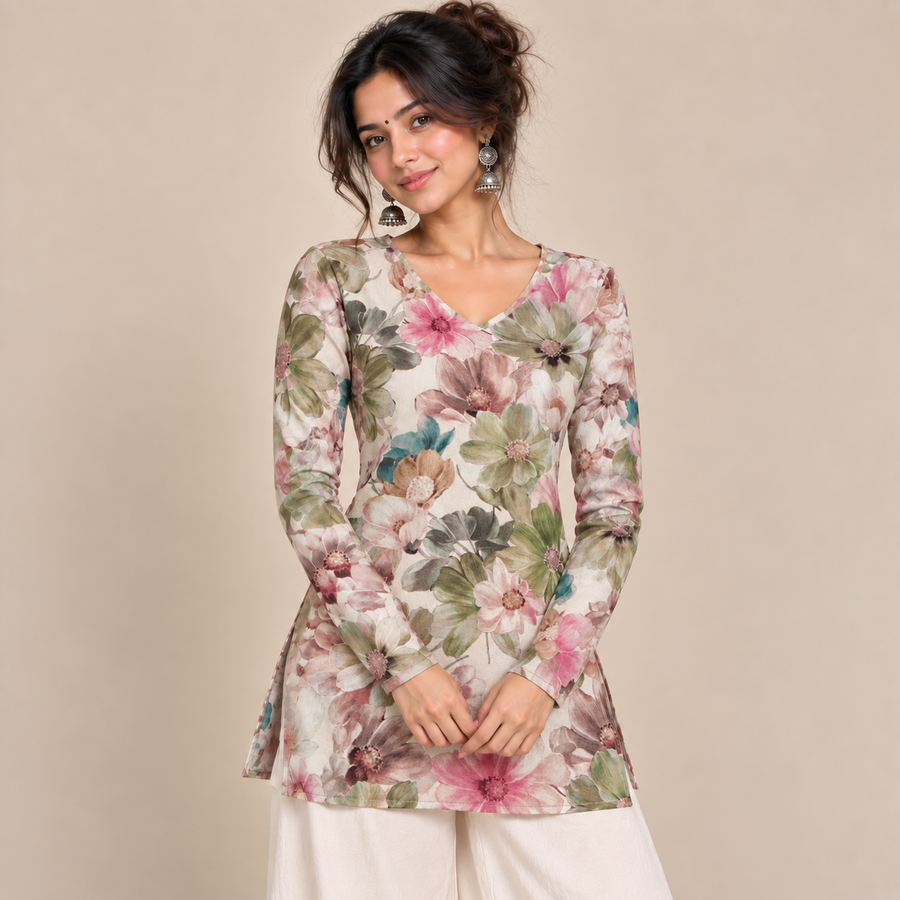 Pastel Floral- Straight Sleeve Kurti