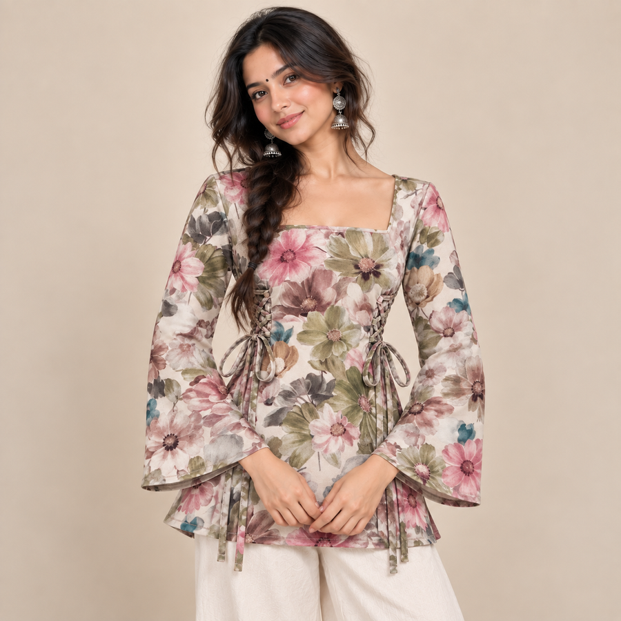 Pastel Floral- Side Corset Kurti