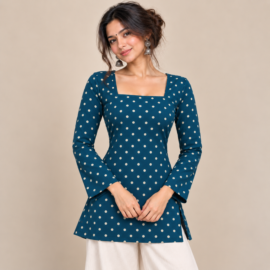 Polka Dot Teal- Square Neck Kurti