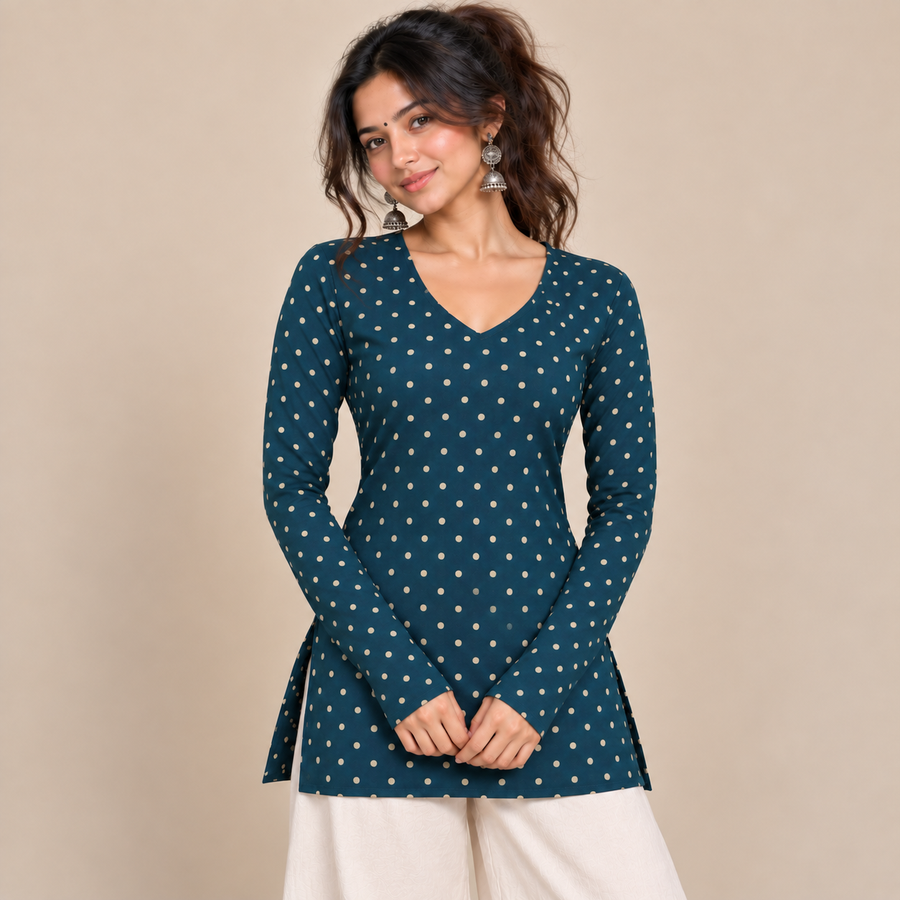 Polka Dot Teal- Straight Sleeve Kurti