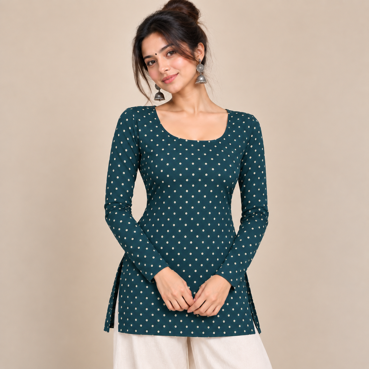 Polka Dot Teal- Boat Neck Kurti