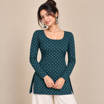 Polka Dot Teal- Boat Neck Kurti
