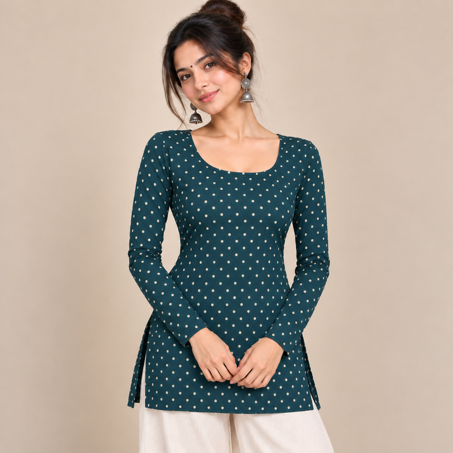 Polka Dot Teal- Boat Neck Kurti