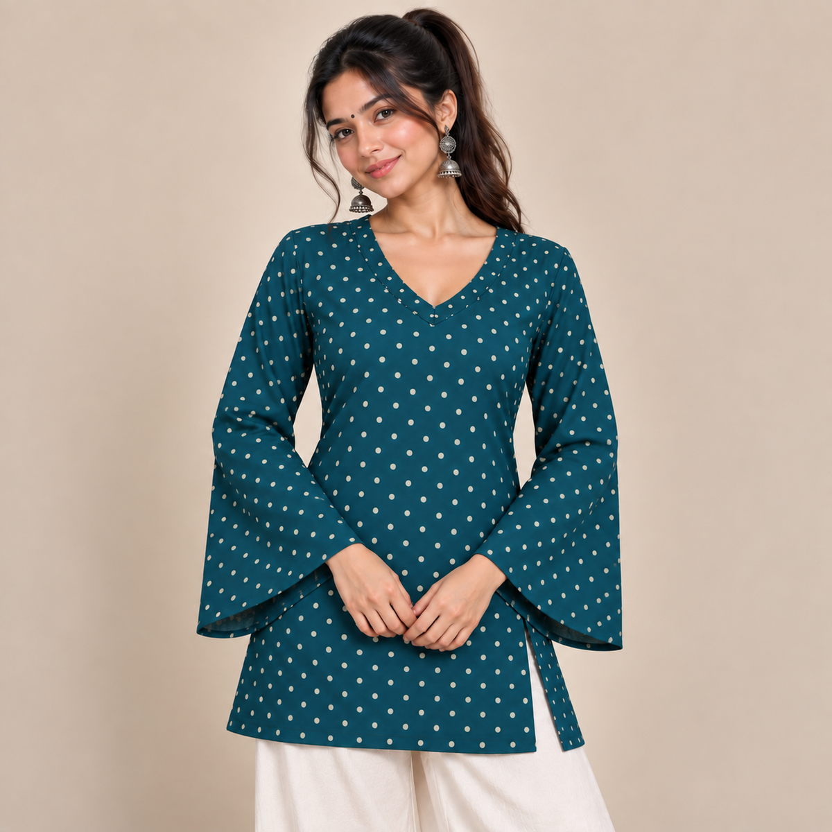 Polka Dot Teal- Bell Sleeve Kurti