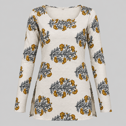 Floral Striped Boat-Neck Kurti
