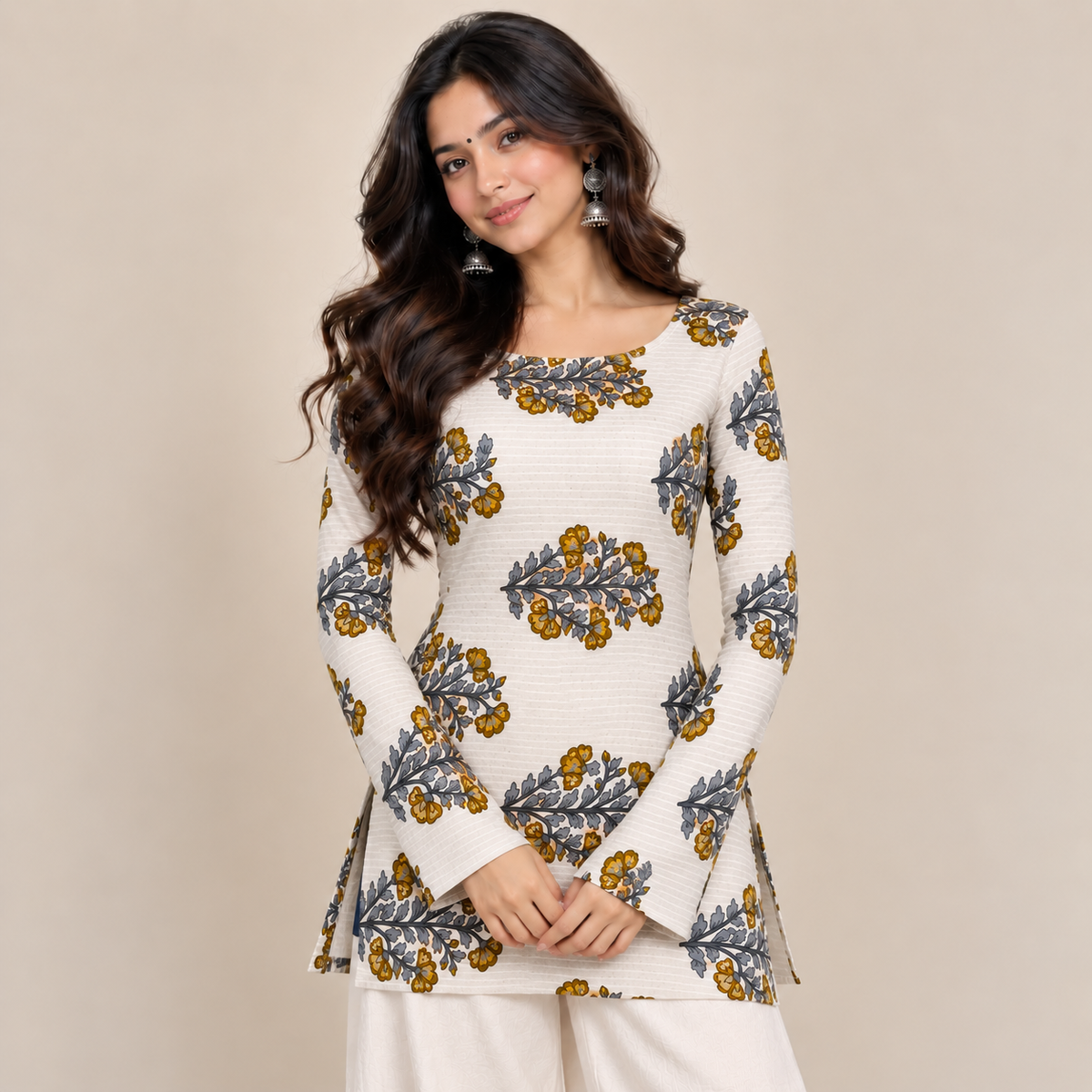 Floral Striped Boat-Neck Kurti