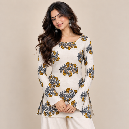 Floral Striped Boat-Neck Kurti
