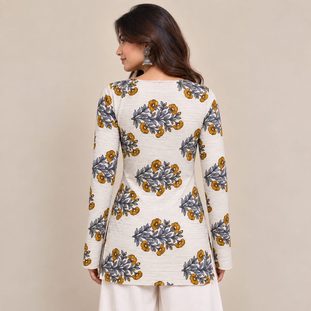 Floral Striped Boat-Neck Kurti