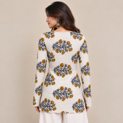Floral Striped Boat-Neck Kurti