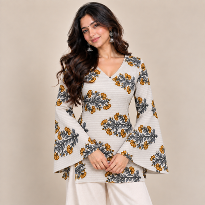 Floral Striped- Bell Sleeve kurti