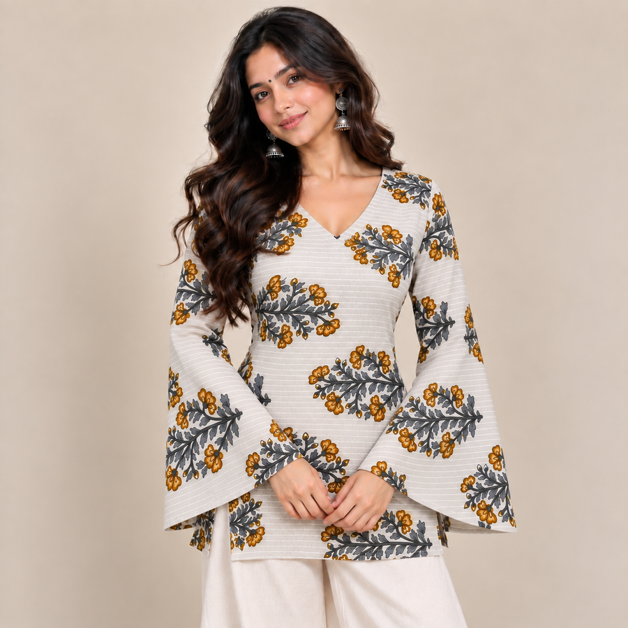 Floral Striped- Bell Sleeve kurti