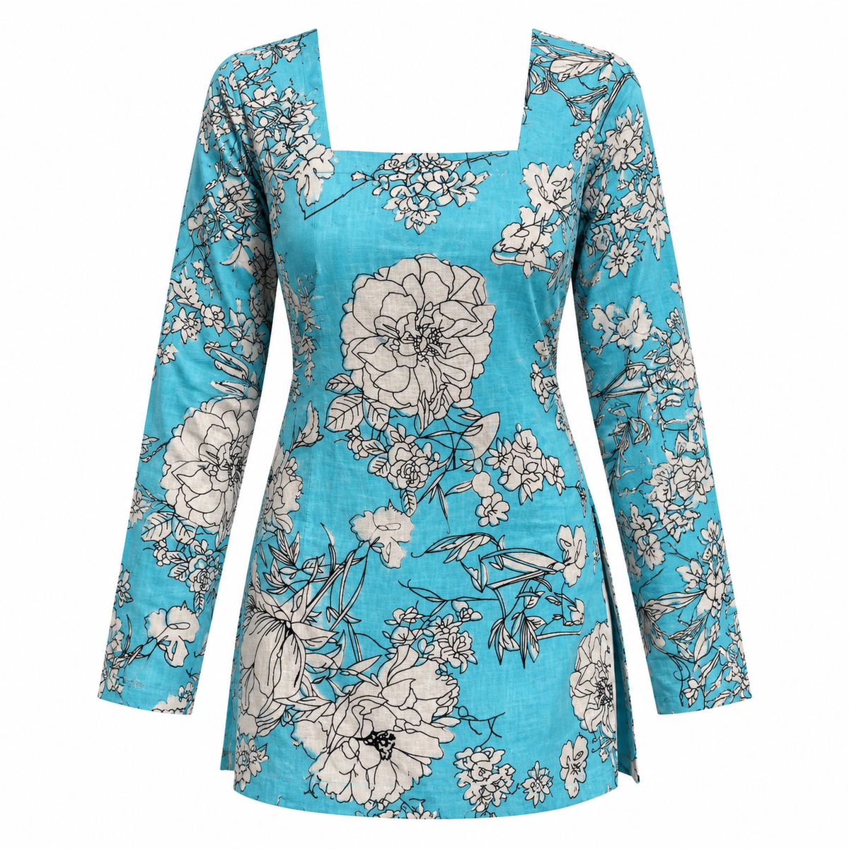 Turquoise Floral Square-Neck Kurti