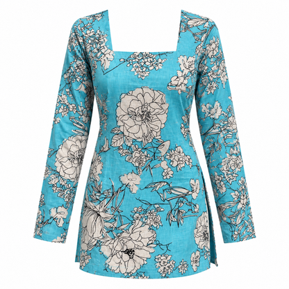 Turquoise Floral Square-Neck Kurti