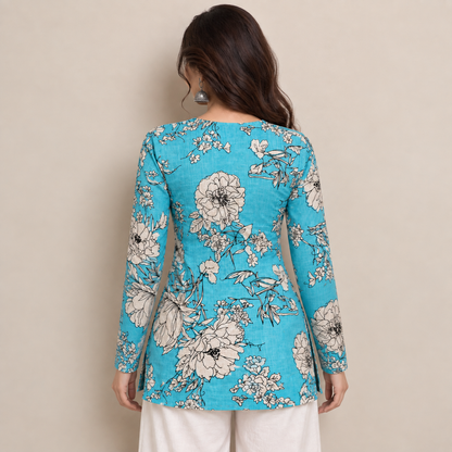 Turquoise Floral Square-Neck Kurti