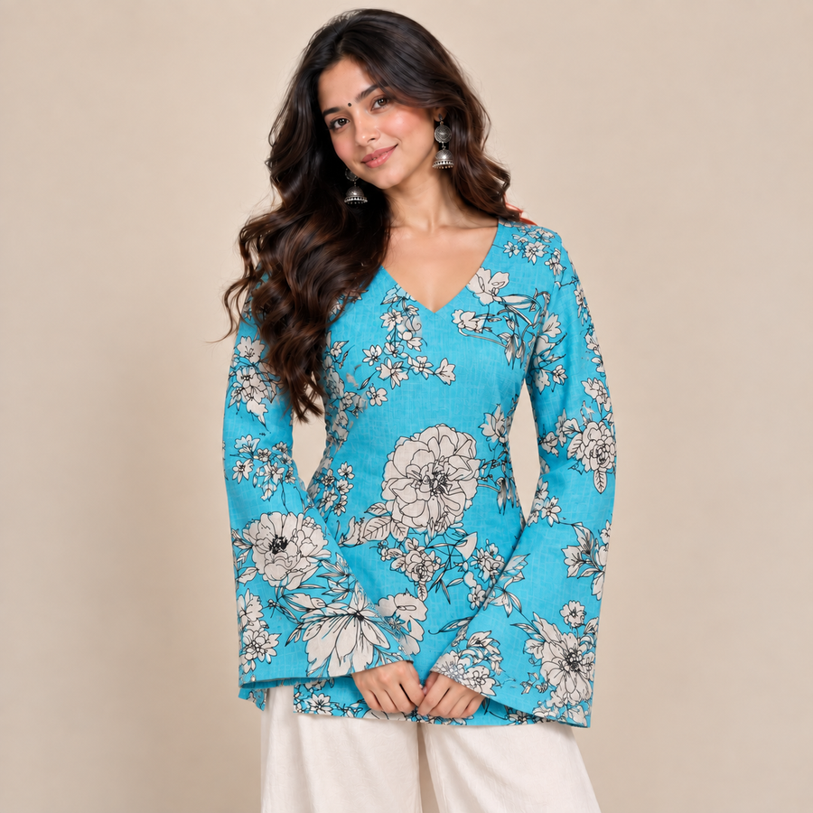 Turquoise Floral-Bell Sleeve Kurti