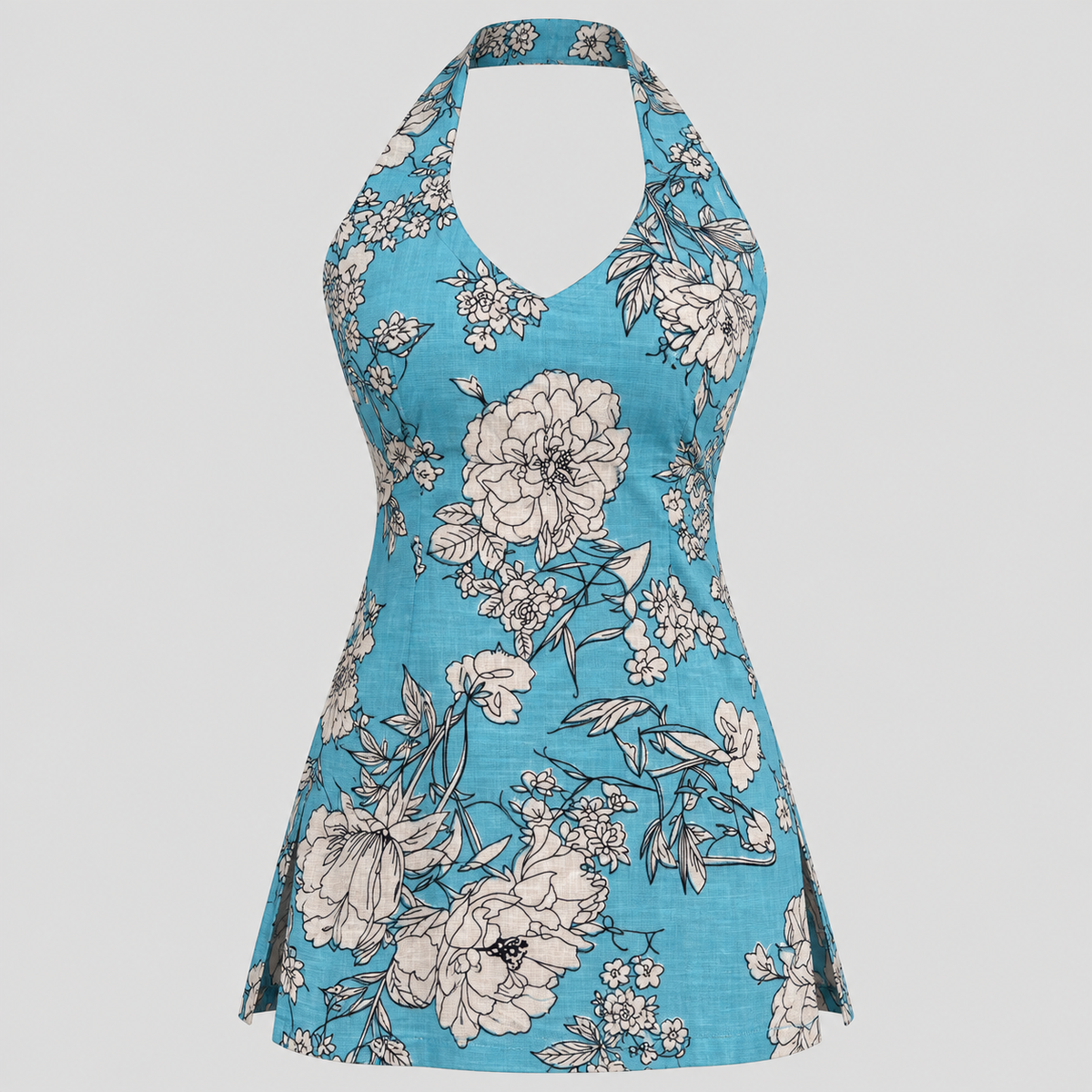 Turquoise Floral Halter-Neck Kurti