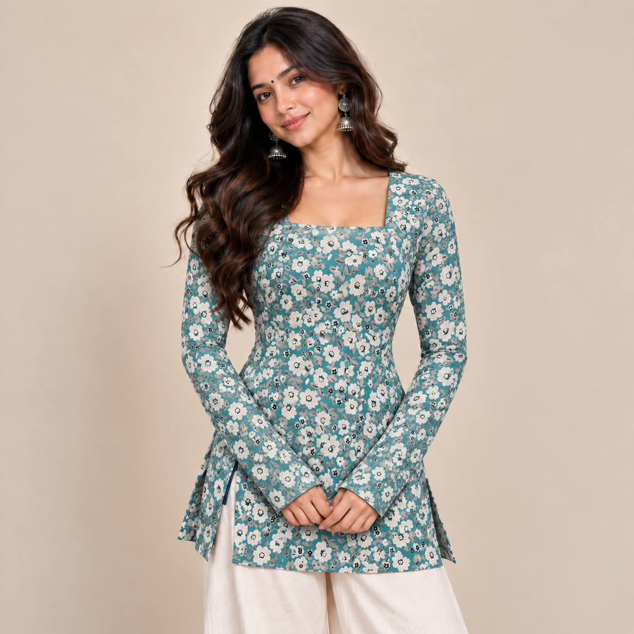 Teal Floral- Square Neck Kurti