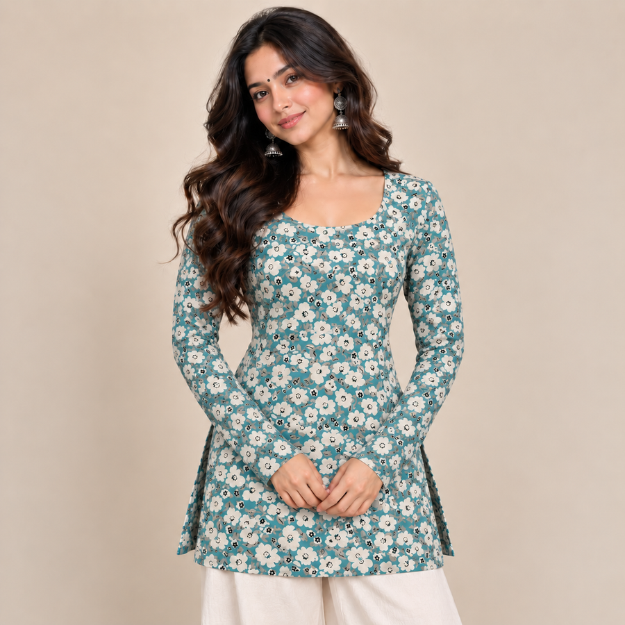Teal Floral- Boat Neck Kurti