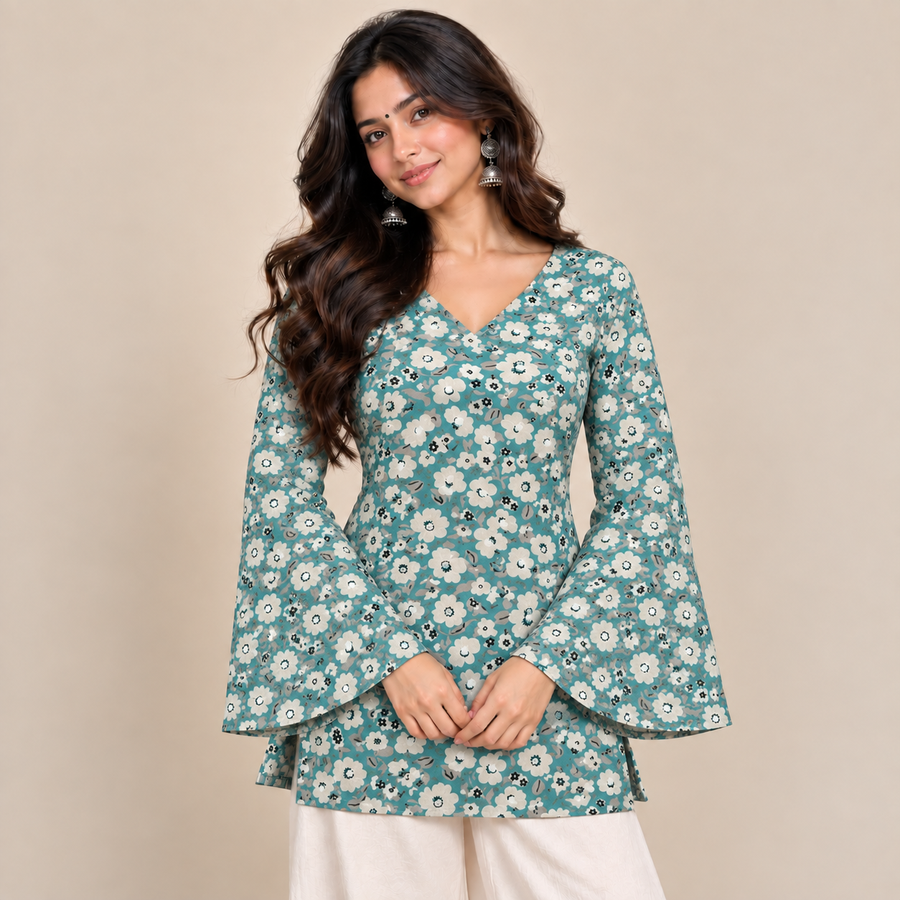 Teal Floral Bell- Sleeve Tunic