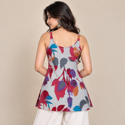 Floral Pinstriped- Sleeveless Kurti